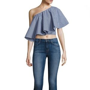 Viva Aviva Blue White Gingham One Shoulder Flounce Top NWT Silk Lined Size Large